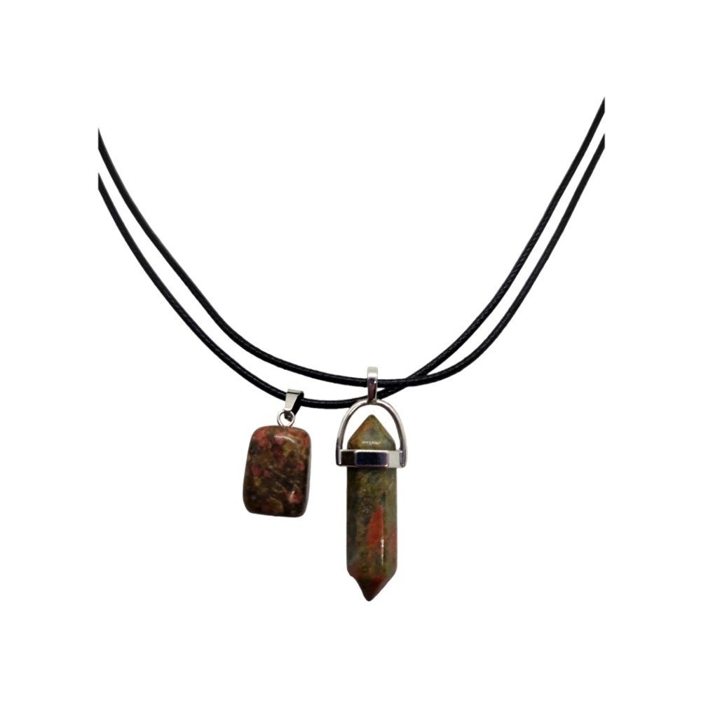 Set Of 2 Gemstones Black Leather Necklace 18"